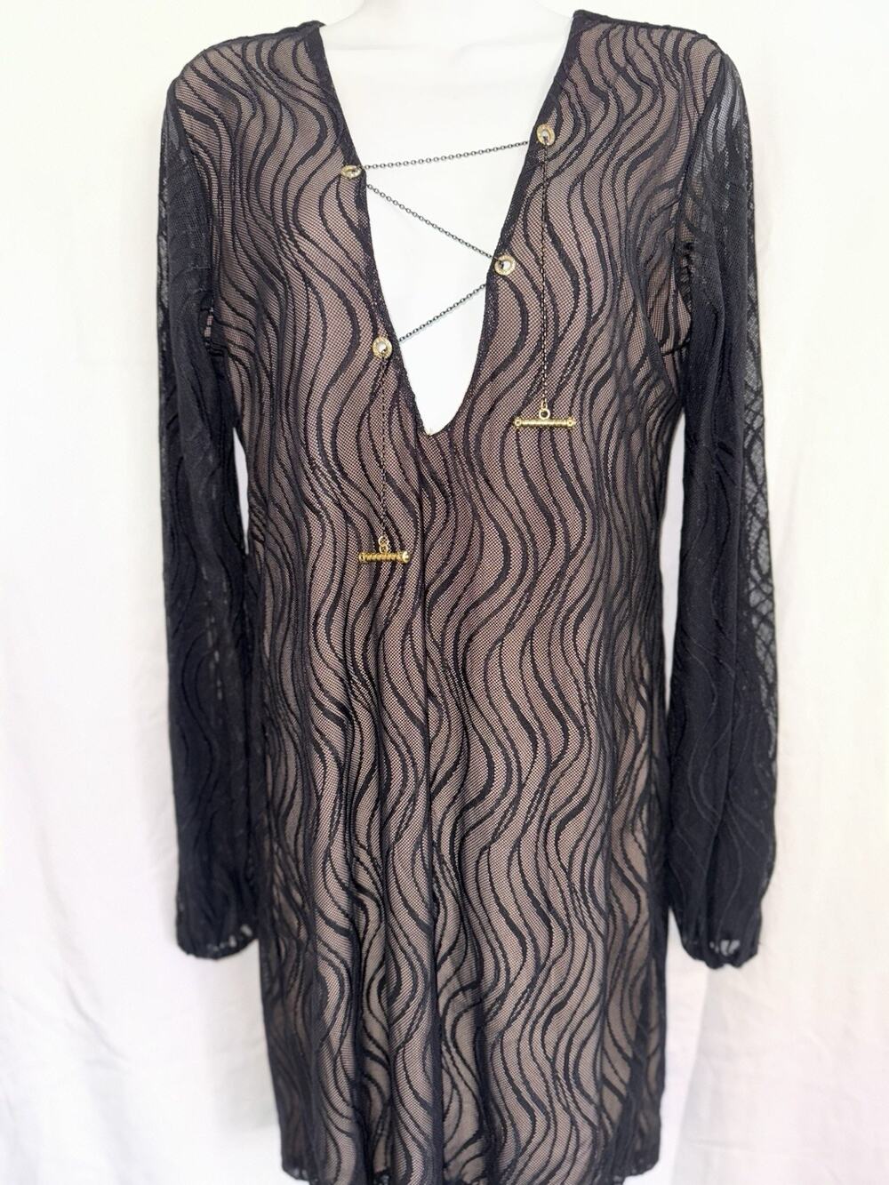 Savee Laguna Beach Wavy Laise Chain Front Swim Dress Chic Sexy Black Resort Sz L